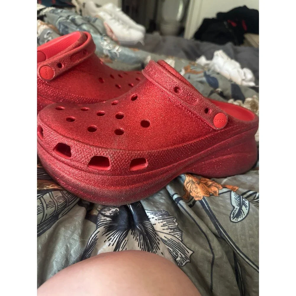 Red Glitter Platform Crocs Sz 9 Glam Y2K Rave Bling Sparkly 3" - Picture 3 of 6
